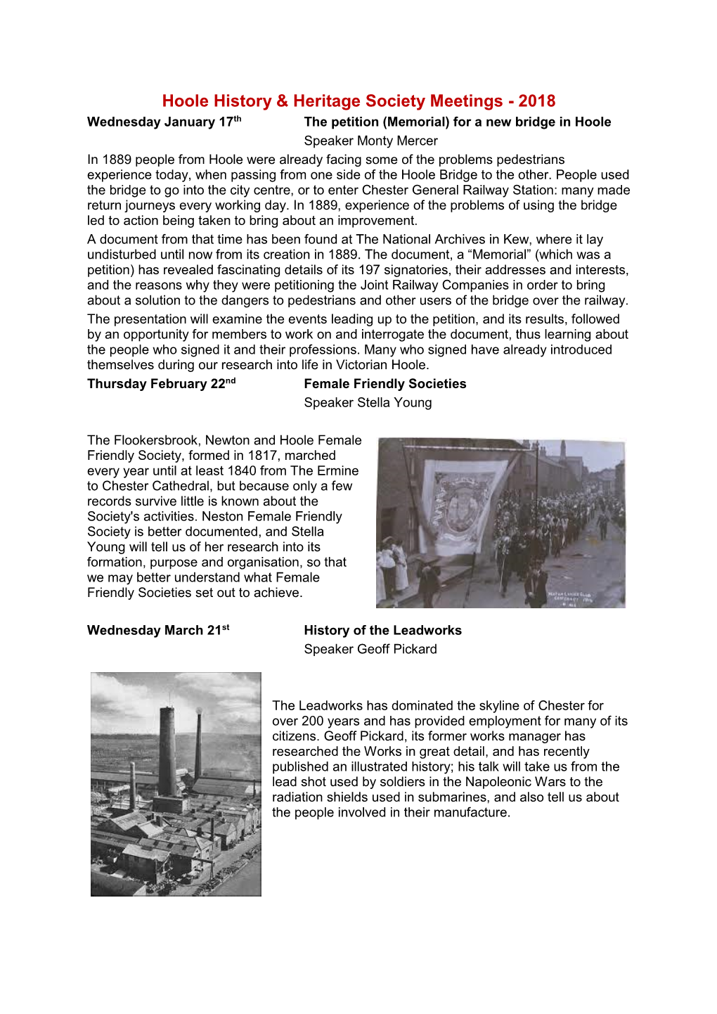 Hoole History & Heritage Society Meetings