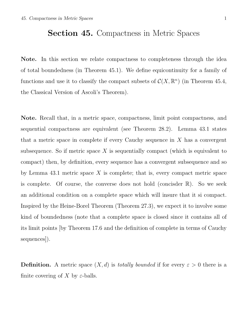 Section 45. Compactness in Metric Spaces