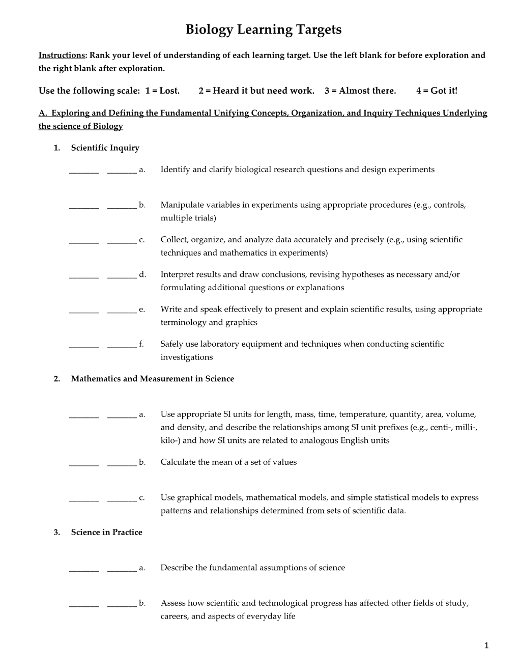 Biology Learning Targets