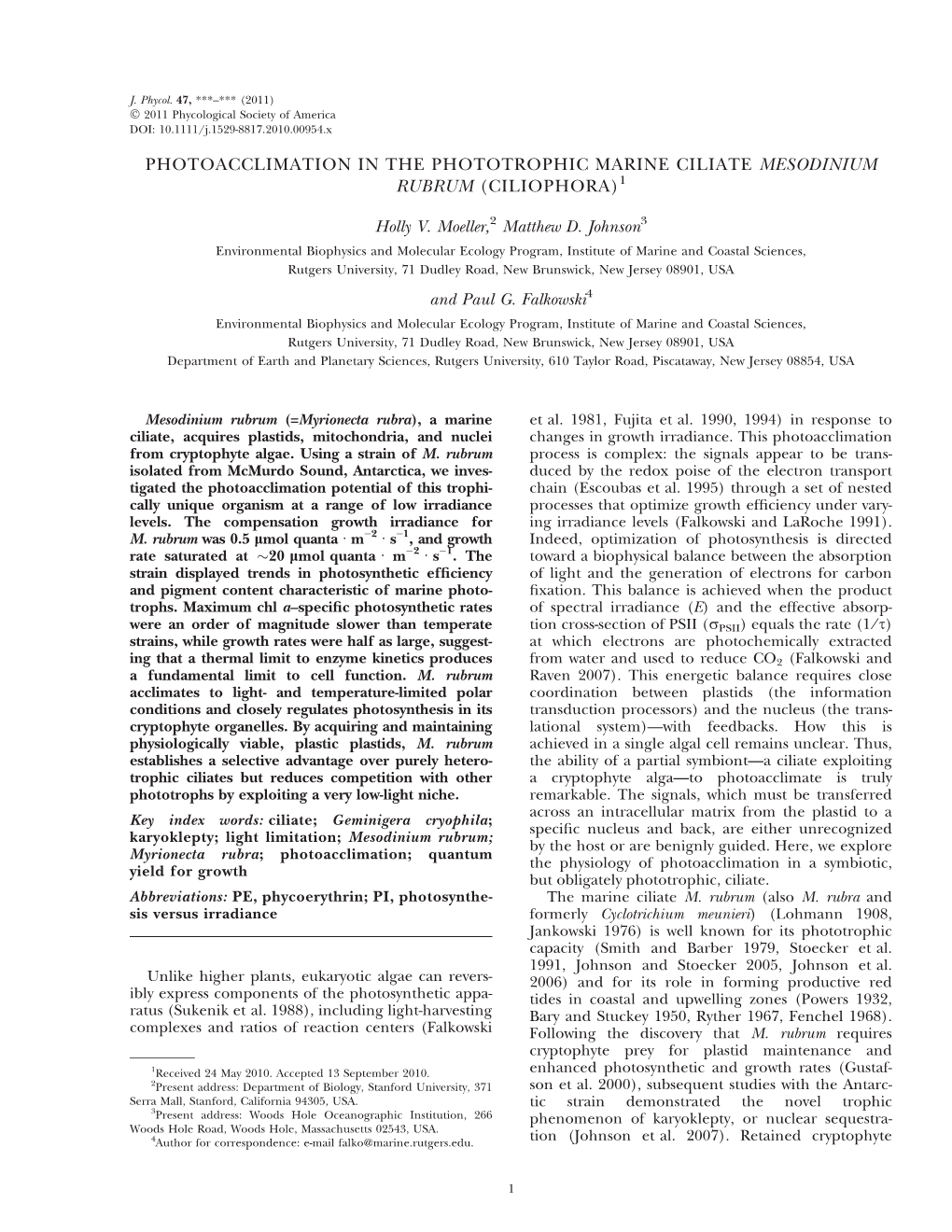 Photoacclimation in the Phototrophic Marine Ciliate Mesodinium Rubrum (Ciliophora)1