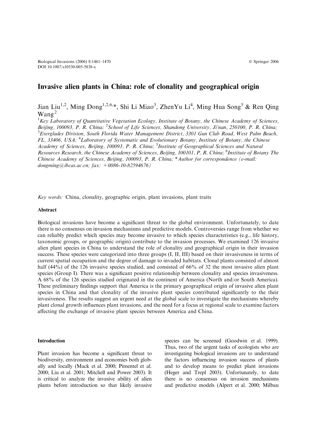 Invasive Alien Plants in China: Role of Clonality and Geographical Origin