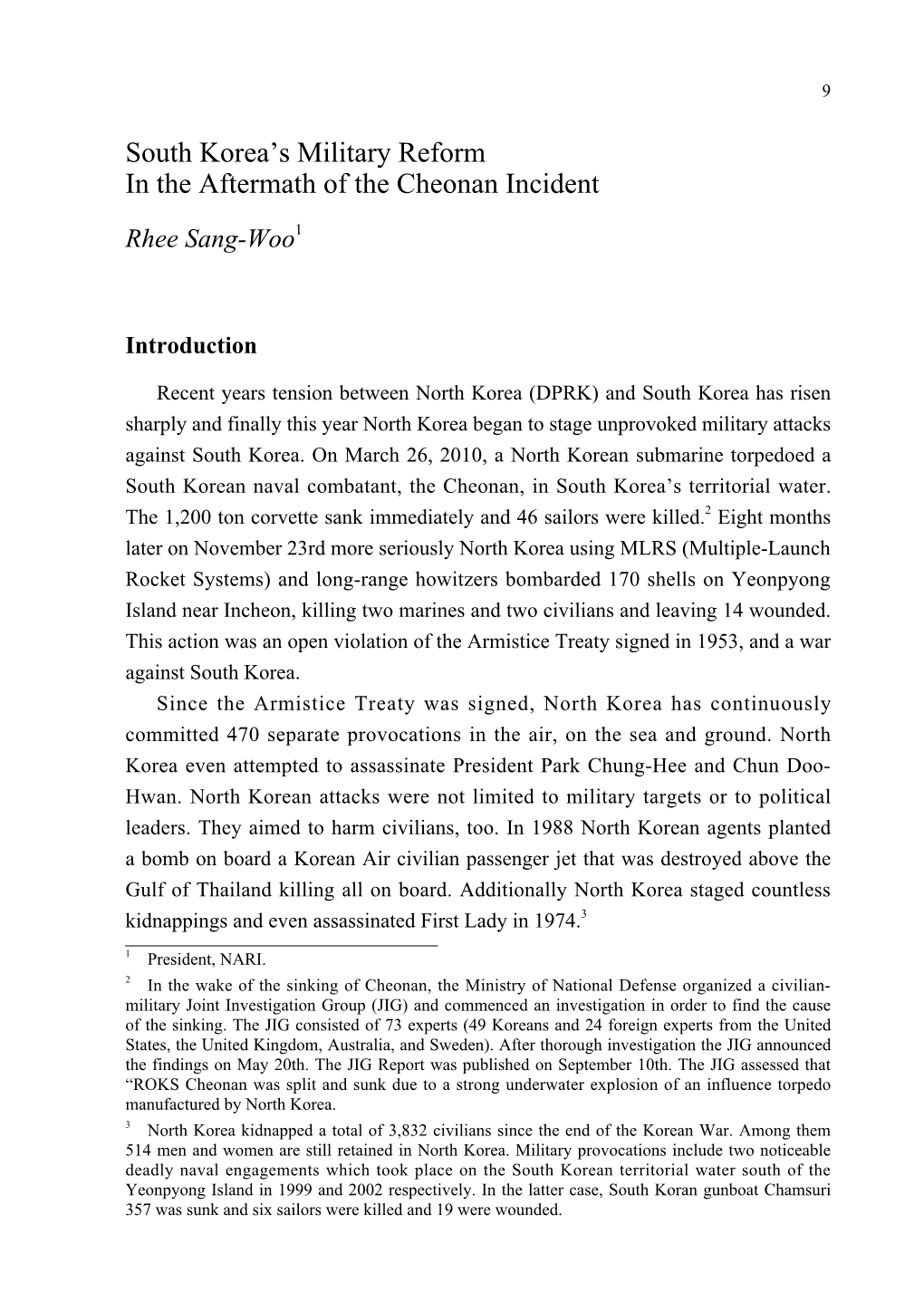 South Korea's Military Reform in the Aftermath of the Cheonan Incident