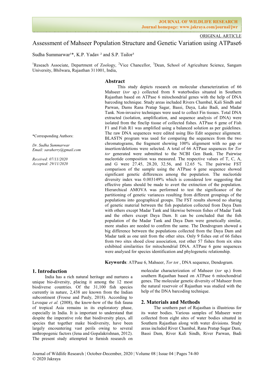 Assessment of Mahseer Population Structure and Genetic Variation Using Atpase6