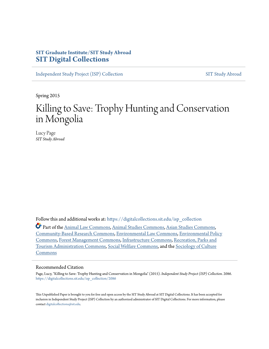 Trophy Hunting and Conservation in Mongolia Lucy Page SIT Study Abroad