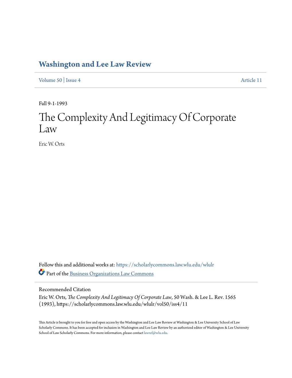 The Complexity and Legitimacy of Corporate Law, 50 Wash