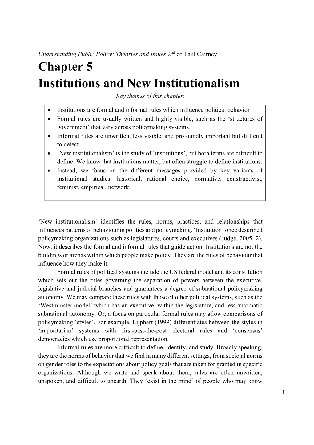 Chapter 5 Institutions and New Institutionalism Key Themes of This Chapter