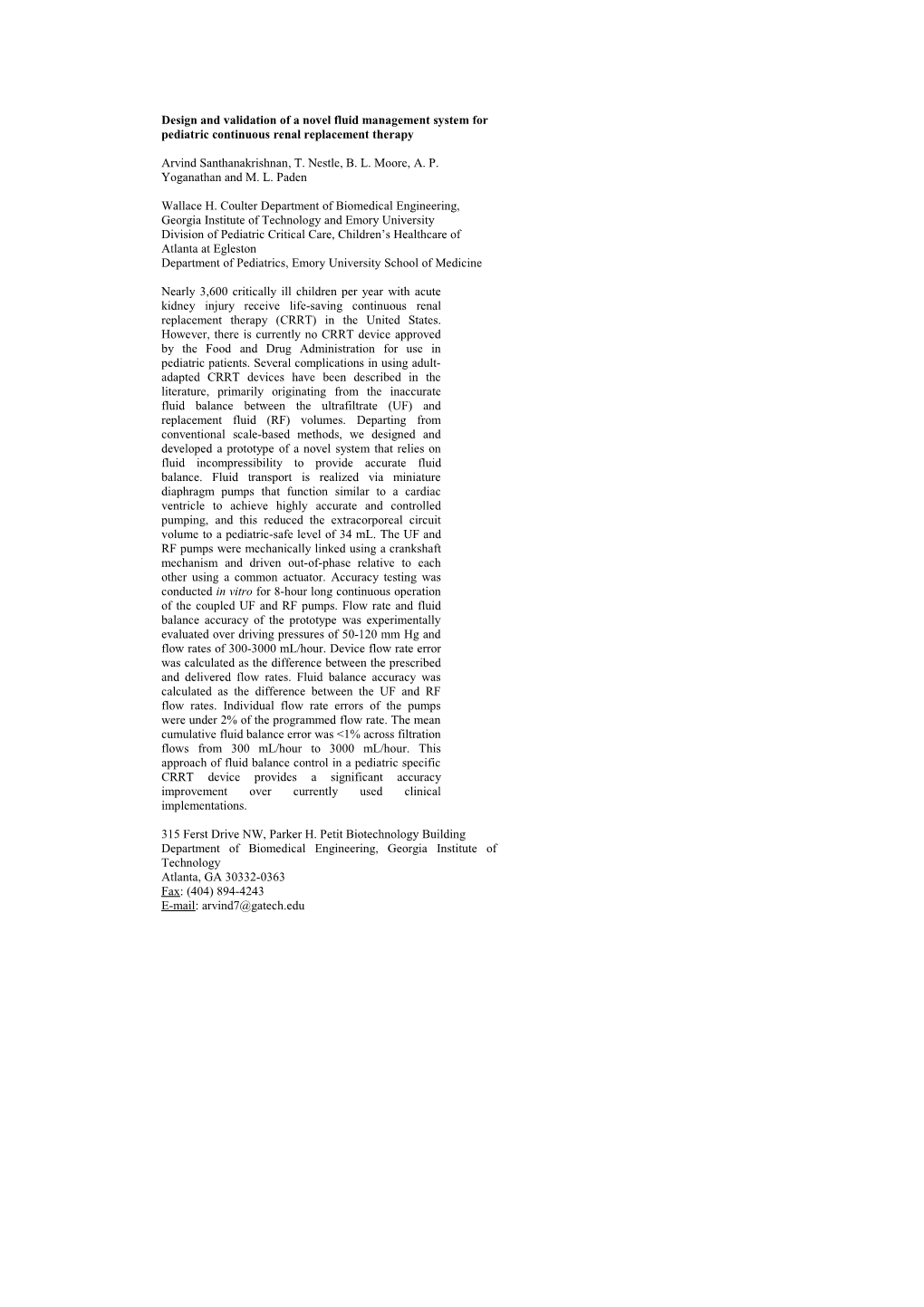 Design and Validation of a Novel Fluid Management System for Pediatric Continuous Renal