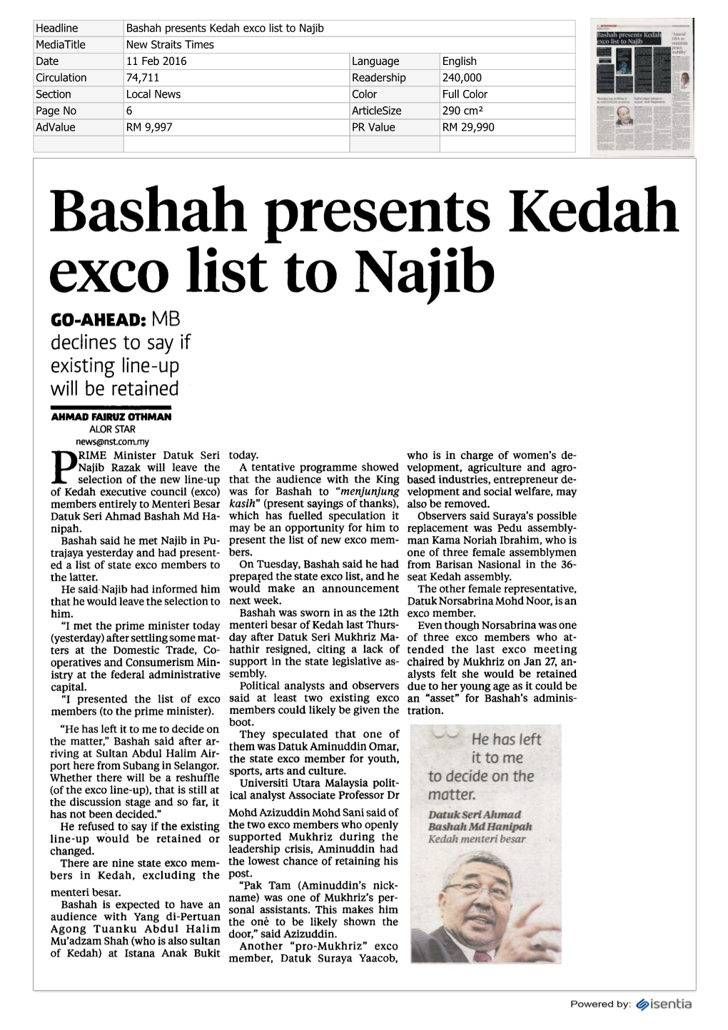 Bashah Presents Kedah Exco List to Najib