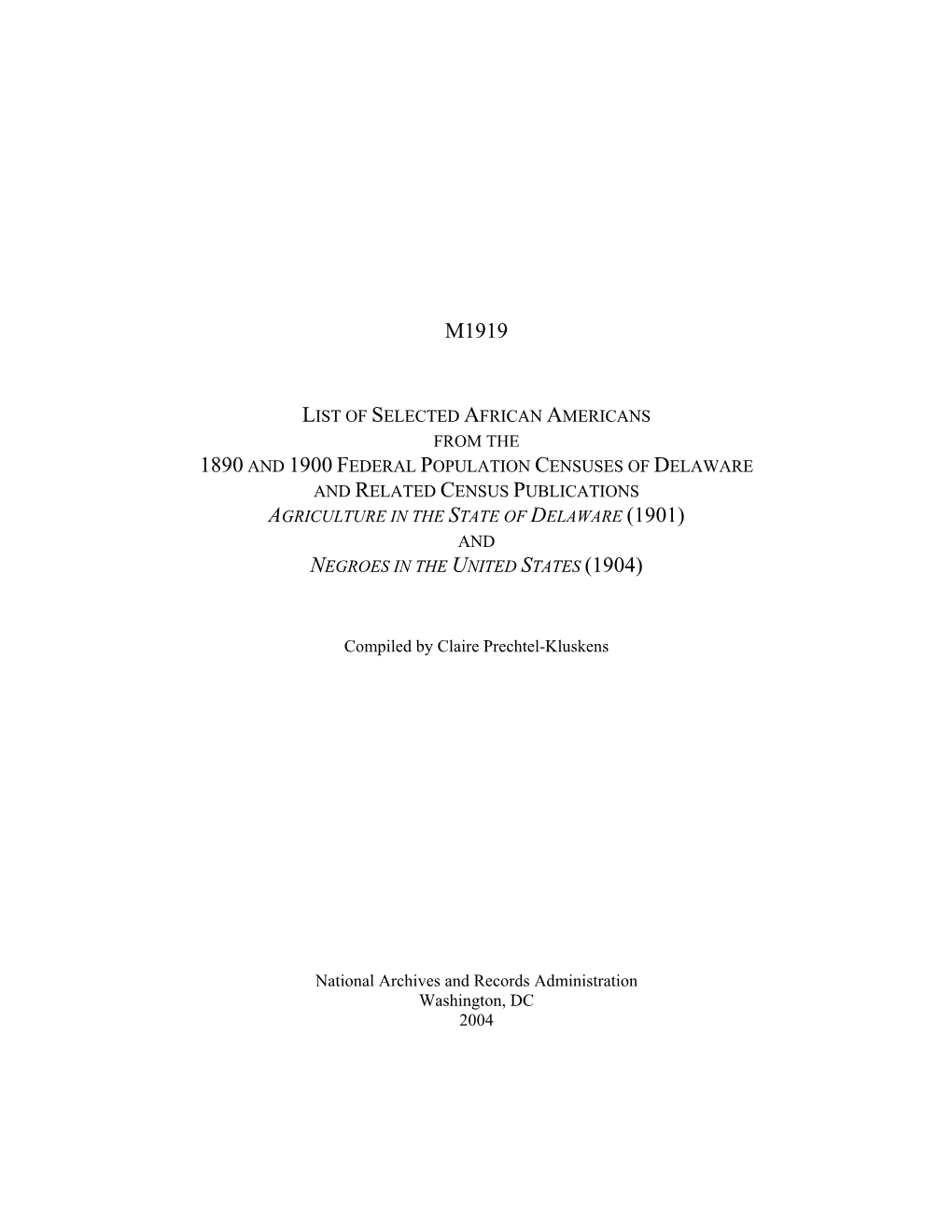 1890 and 1900 Federal Population Censuses of Delaware