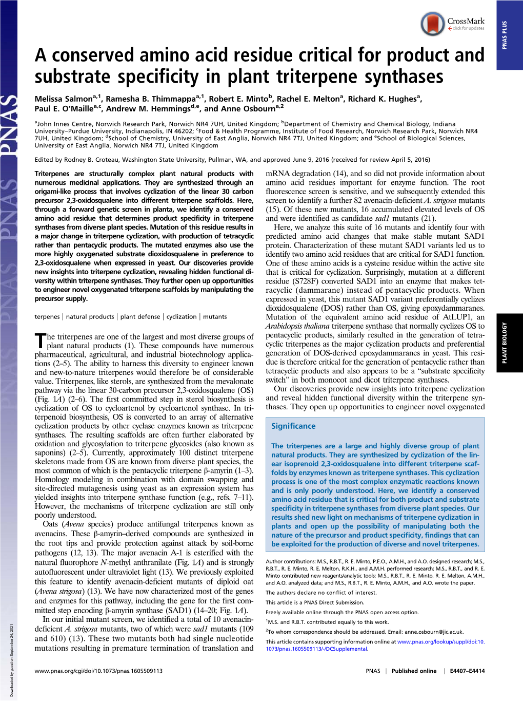 A Conserved Amino Acid Residue Critical for Product and Substrate Specificity in Plant Triterpene Synthases