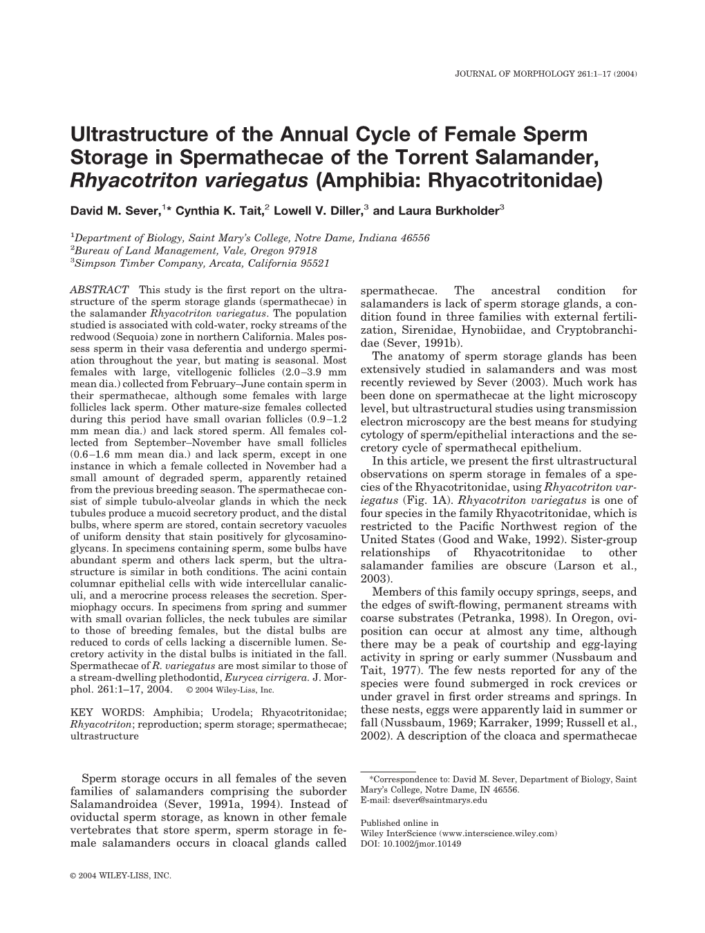 Ultrastructure of the Annual Cycle of Female Sperm Storage in Spermathecae of the Torrent Salamander, Rhyacotriton Variegatus (Amphibia: Rhyacotritonidae)