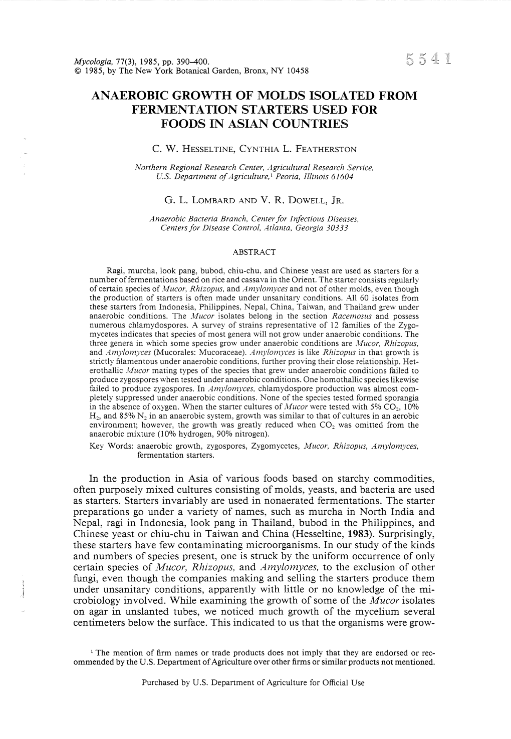 Anaerobic Growth of Molds Isolated from Fermentation Starters Used for Foods in Asian Countries