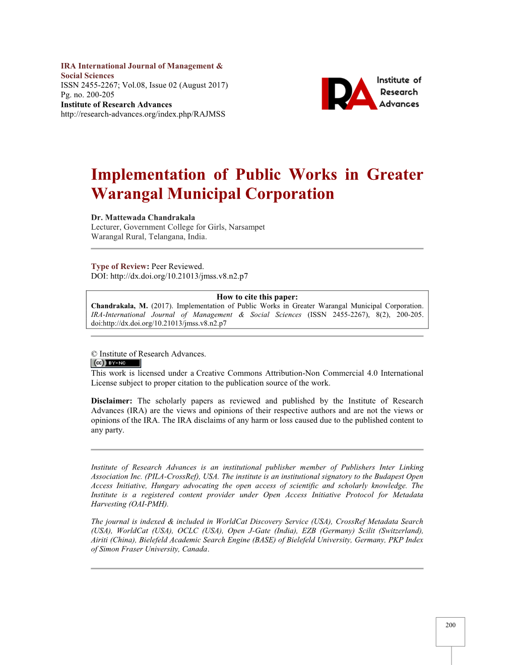 Implementation of Public Works in Greater Warangal Municipal Corporation