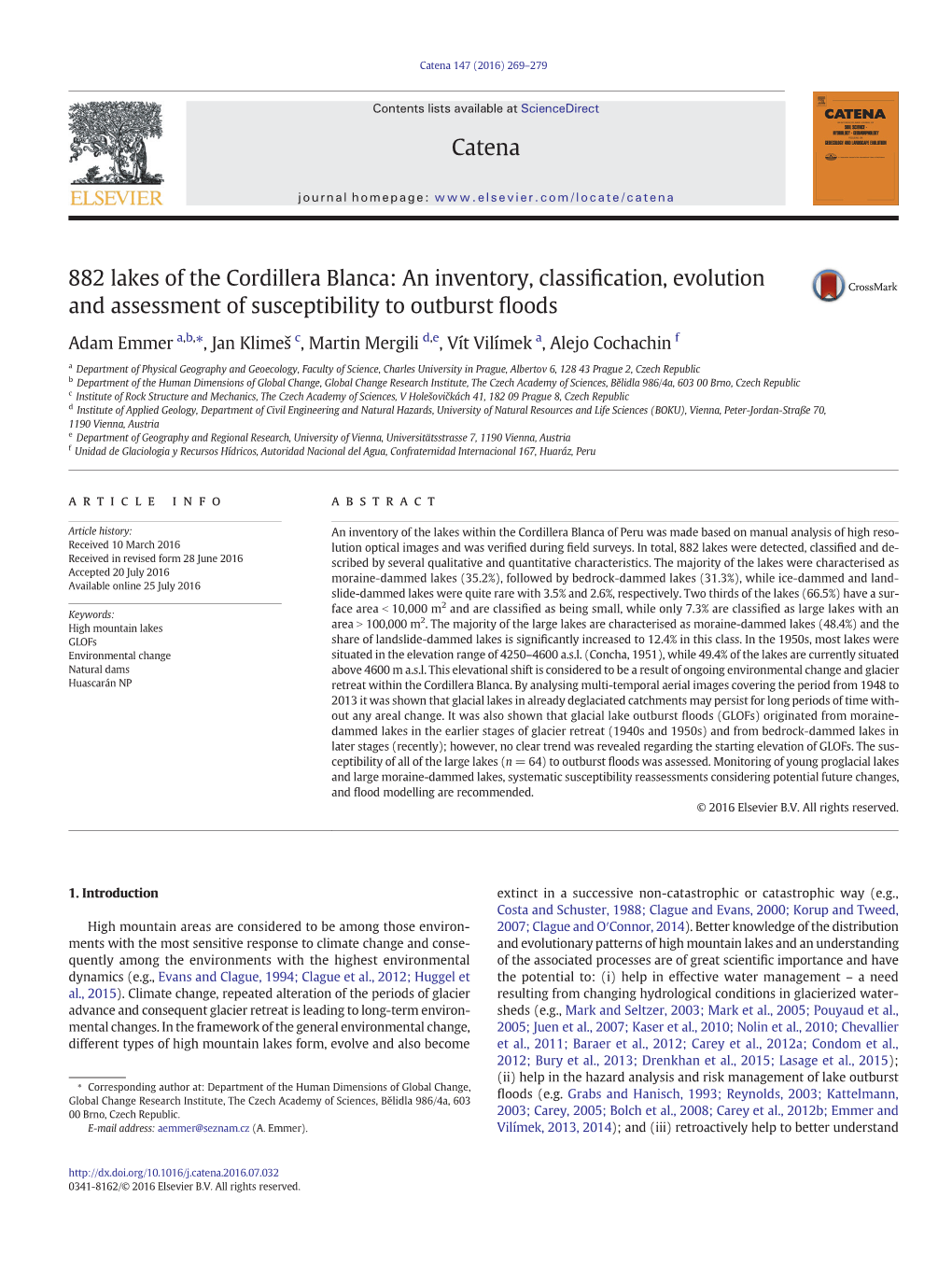 882 Lakes of the Cordillera Blanca: an Inventory, Classification, Evolution