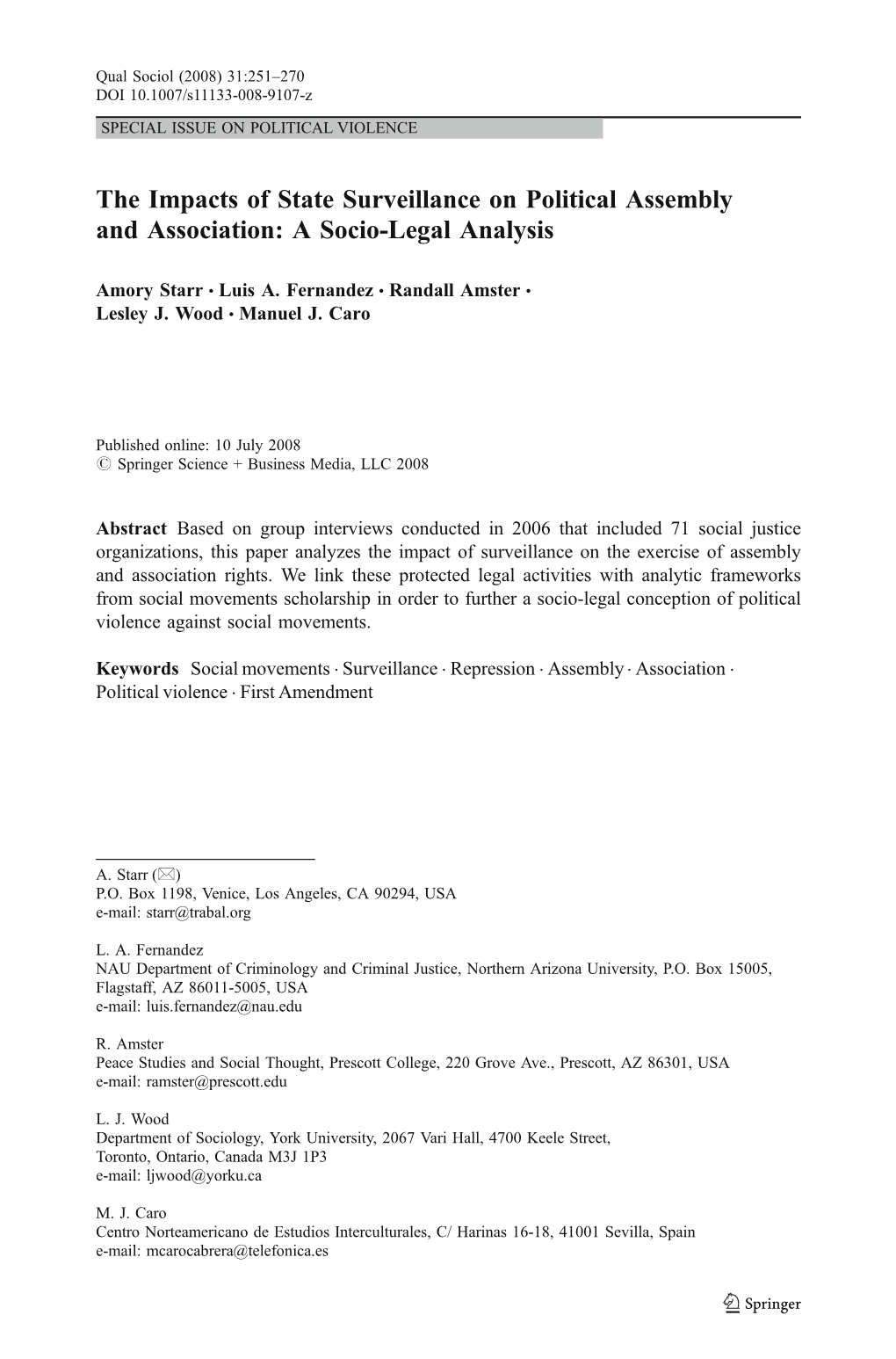 The Impacts of State Surveillance on Political Assembly and Association: a Socio-Legal Analysis