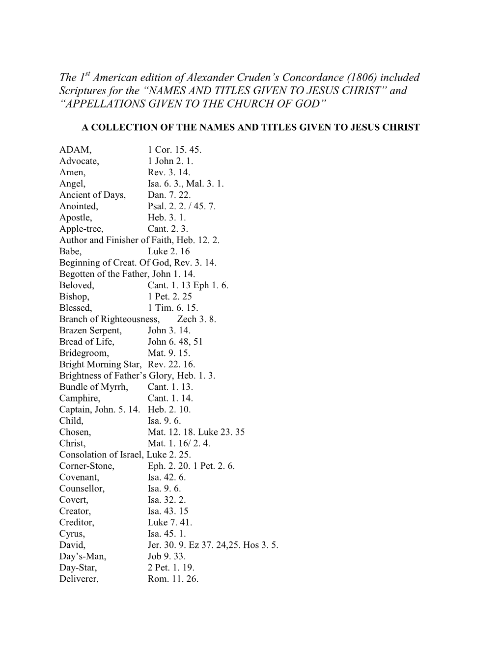 The 1St American Edition of Alexander Cruden's Concordance (1806) Included Scriptures for the “NAMES and TITLES GIVEN TO