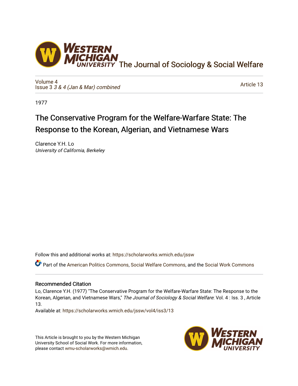 The Conservative Program for the Welfare-Warfare State: the Response to the Korean, Algerian, and Vietnamese Wars