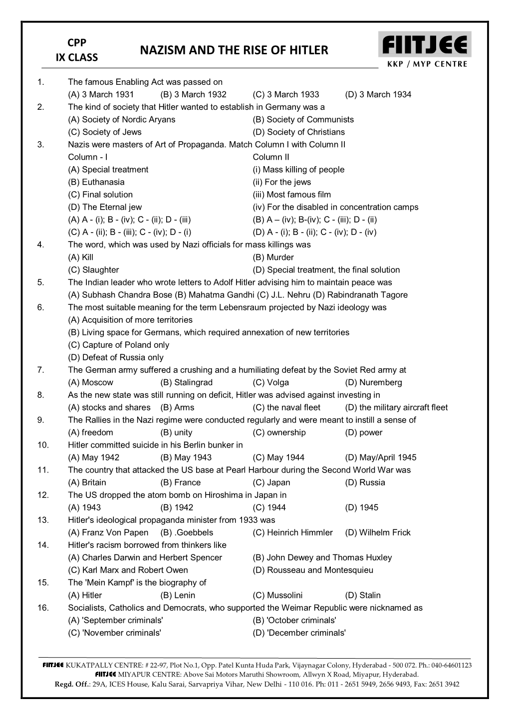 Nazism and the Rise of Hitler Ix Class ` Kkp / Myp Centre