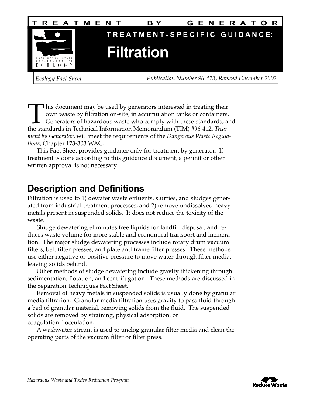 Filtration: Treatment Specific Guidance