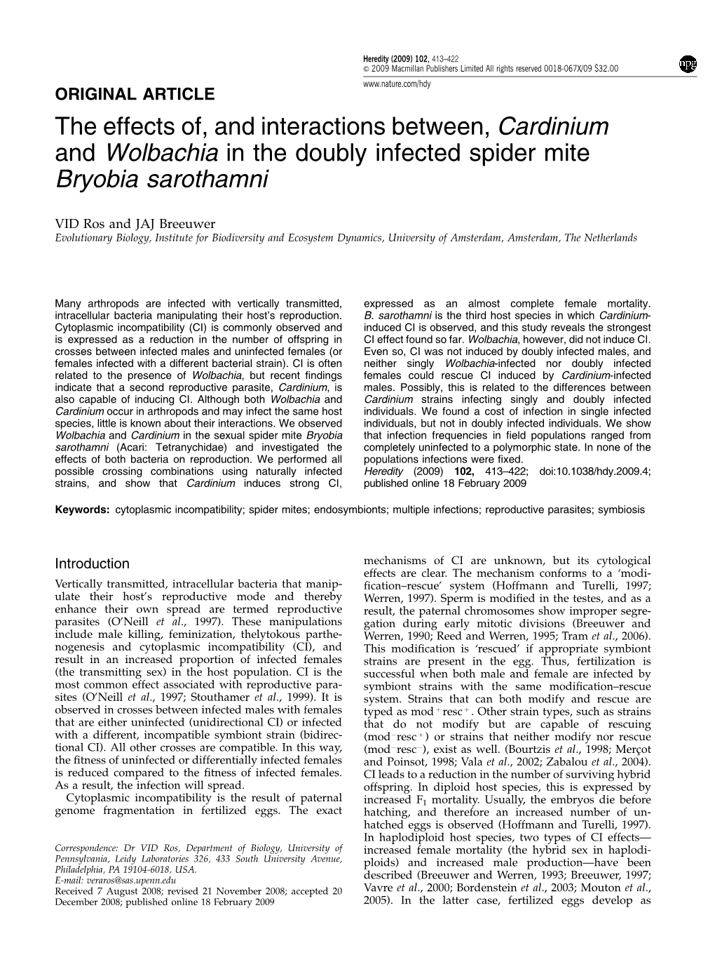 The Effects Of, and Interactions Between, Cardinium and Wolbachia in the Doubly Infected Spider Mite Bryobia Sarothamni