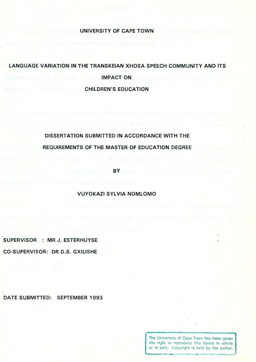 Language Variation in the Transkeian Xhosa Speech Community and Its