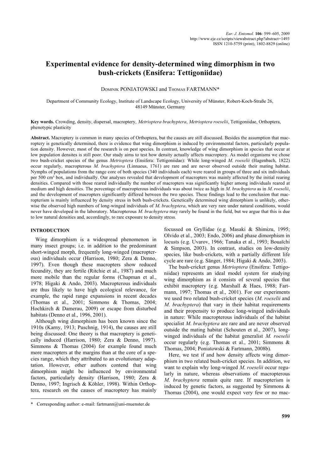 Experimental Evidence for Density-Determined Wing Dimorphism in Two Bush-Crickets (Ensifera: Tettigoniidae)