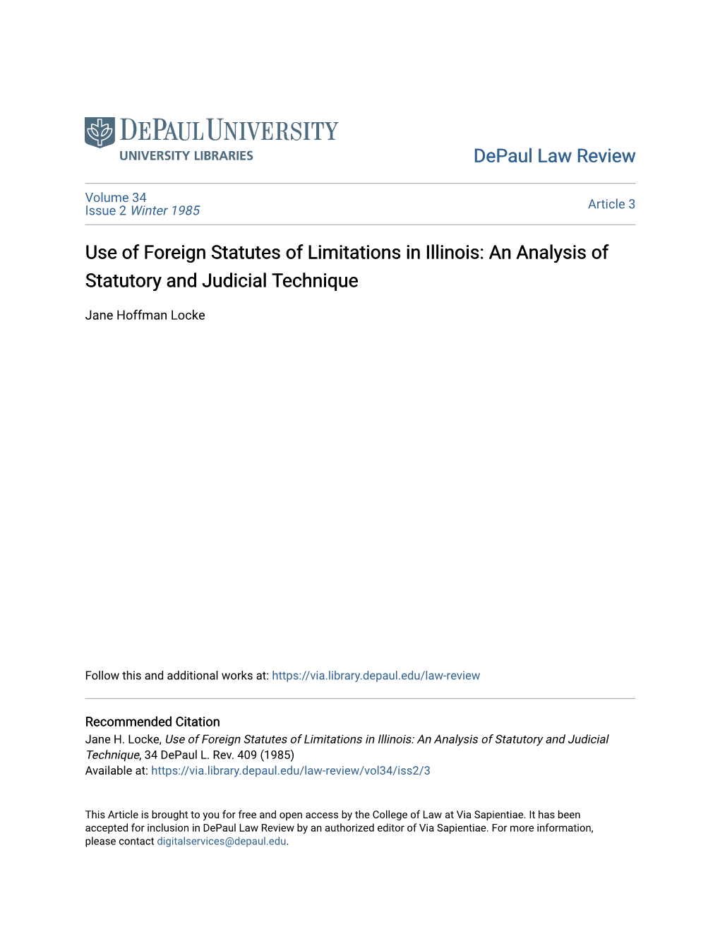 Use of Foreign Statutes of Limitations in Illinois: an Analysis of Statutory and Judicial Technique