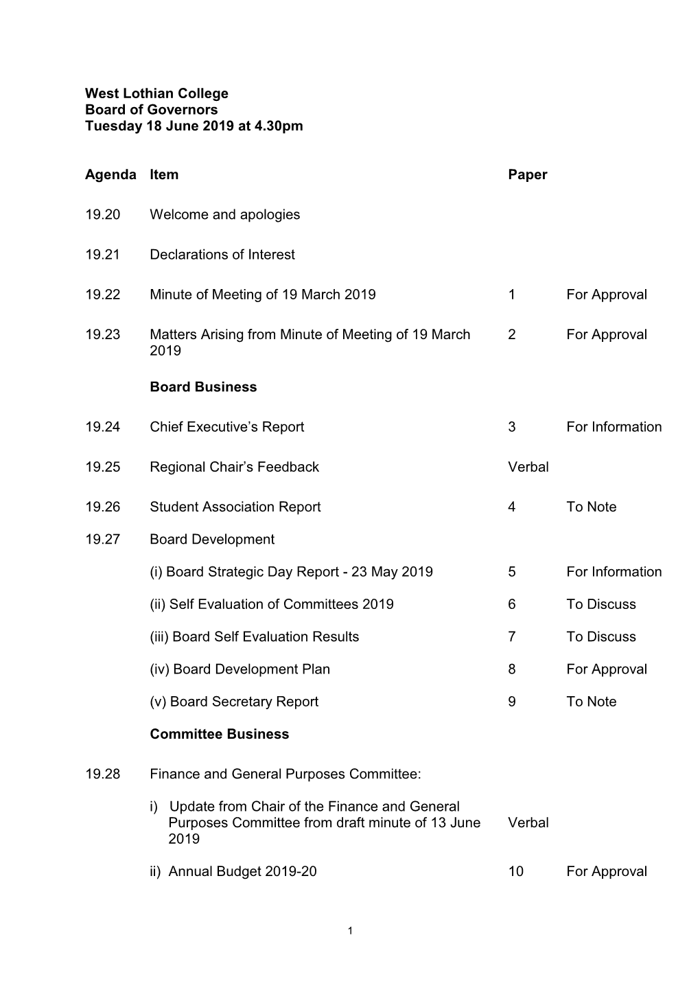 West Lothian College Board of Governors Tuesday 18 June 2019 at 4.30Pm Agenda Item Paper 19.20 Welcome and Apologies 19.21 Decl