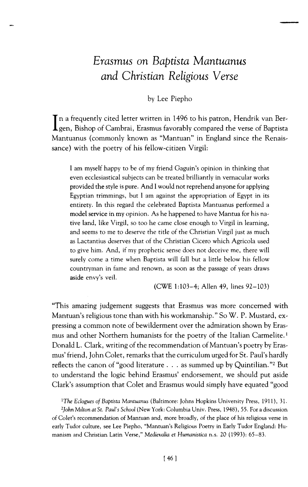 Erasmus on Baptista Mantuanus and Christian Religious Verse by Lee Piepho in a Frequently Cited Letter Written in 1496 to H