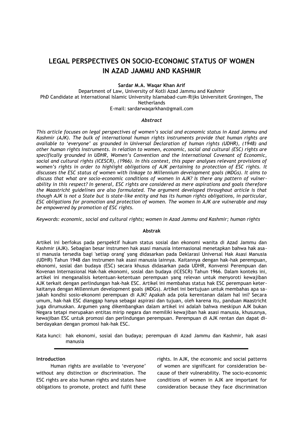 Legal Perspectives on Socio-Economic Status of Women in Azad Jammu and Kashmir