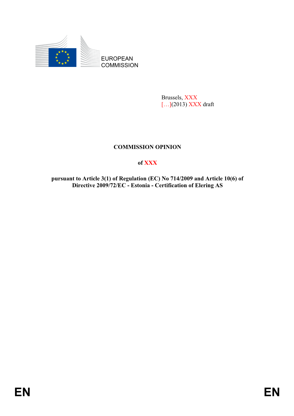 Of Regulation (EC) No 714/2009 and Article 10(6) of Directive 2009/72/EC - Estonia - Certification of Elering AS