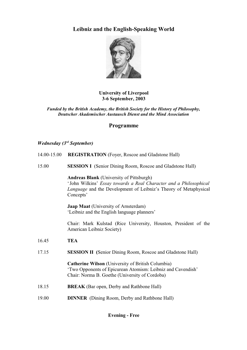 Draft Programme for Leibniz Conference