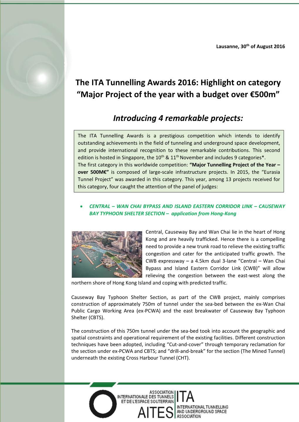 The ITA Tunnelling Awards 2016: Highlight on Category “Major Project of the Year with a Budget Over €500M”
