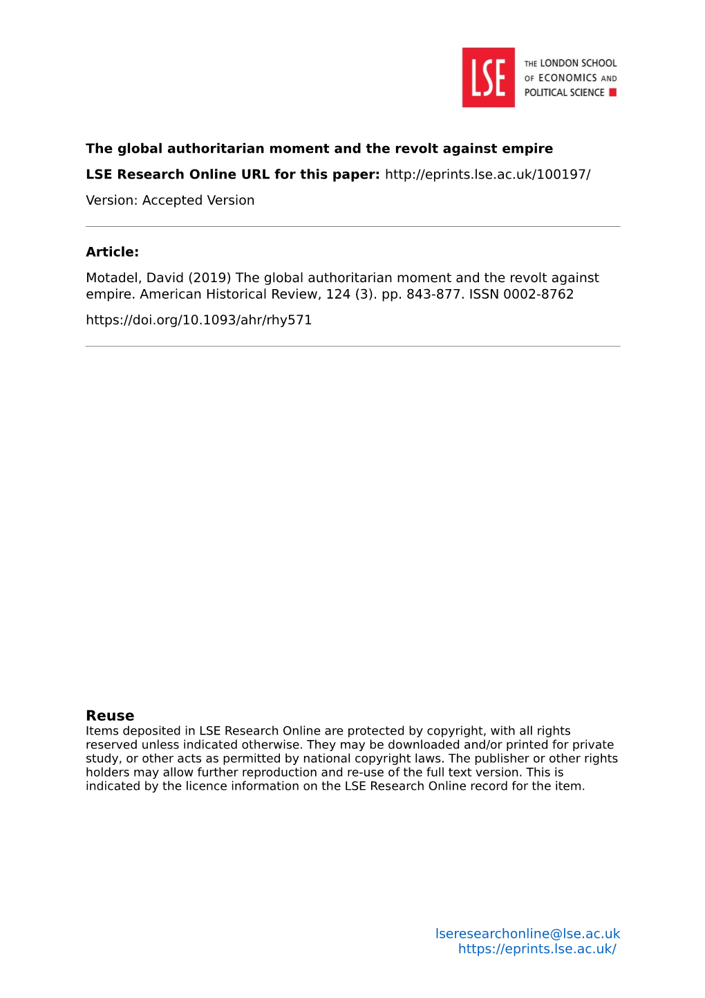 The Global Authoritarian Moment and the Revolt Against Empire LSE Research Online URL for This Paper: Version: Accepted Version