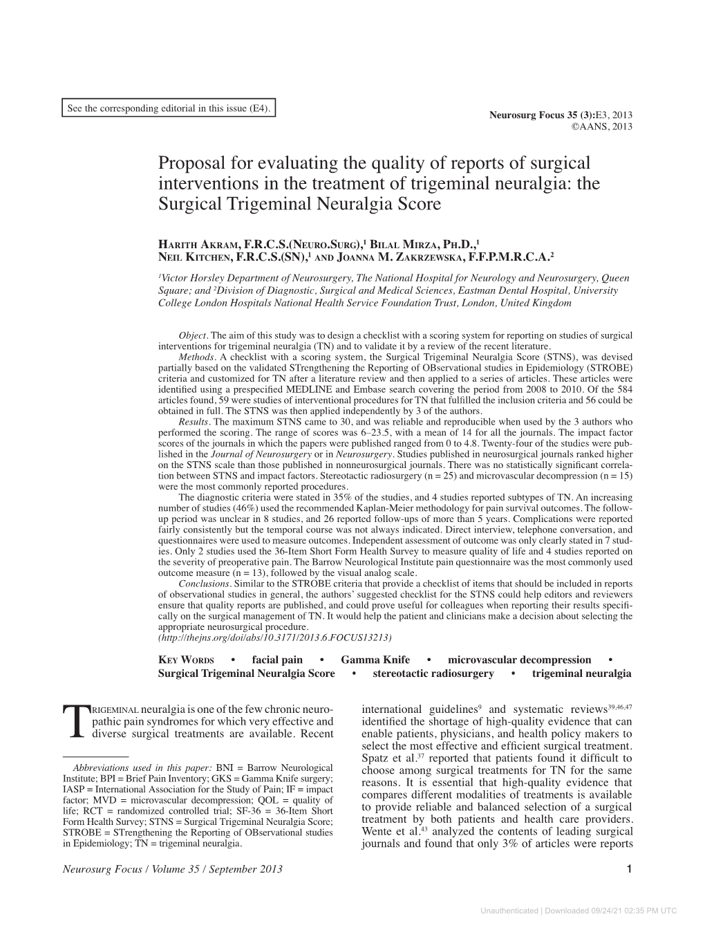 Proposal for Evaluating the Quality of Reports of Surgical Interventions in the Treatment of Trigeminal Neuralgia: the Surgical Trigeminal Neuralgia Score