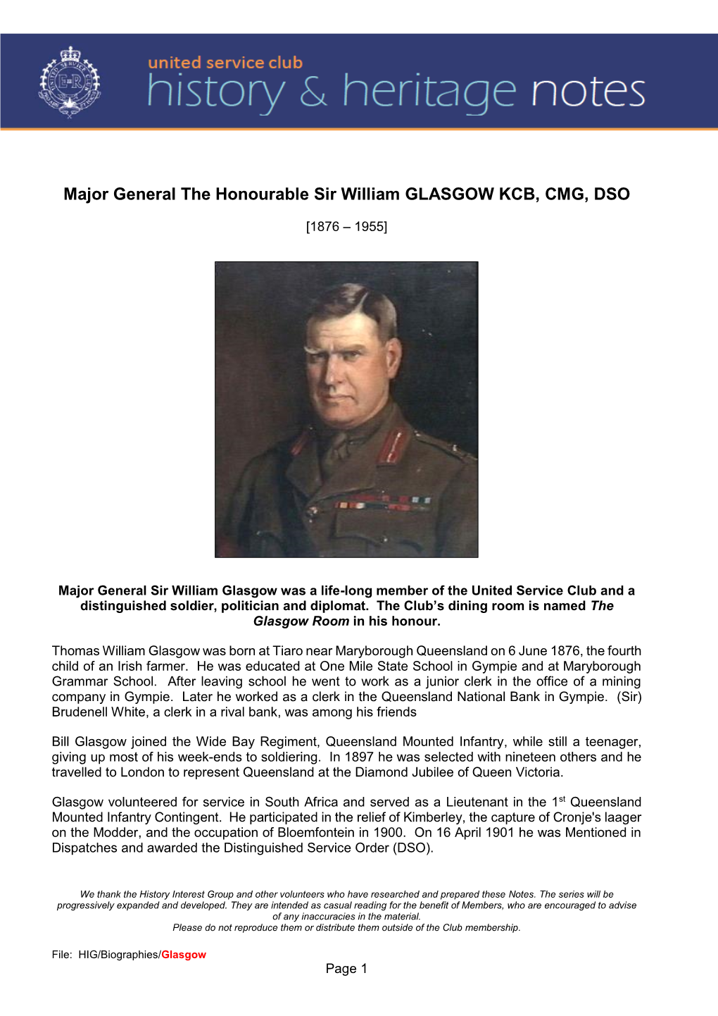 Major General the Honourable Sir William GLASGOW KCB, CMG, DSO