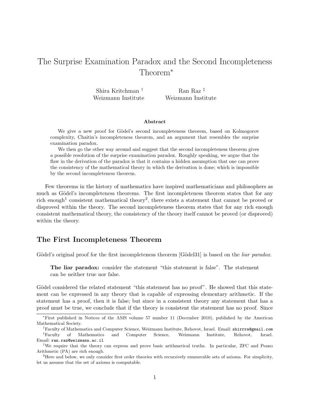 The Surprise Examination Paradox and the Second Incompleteness Theorem∗