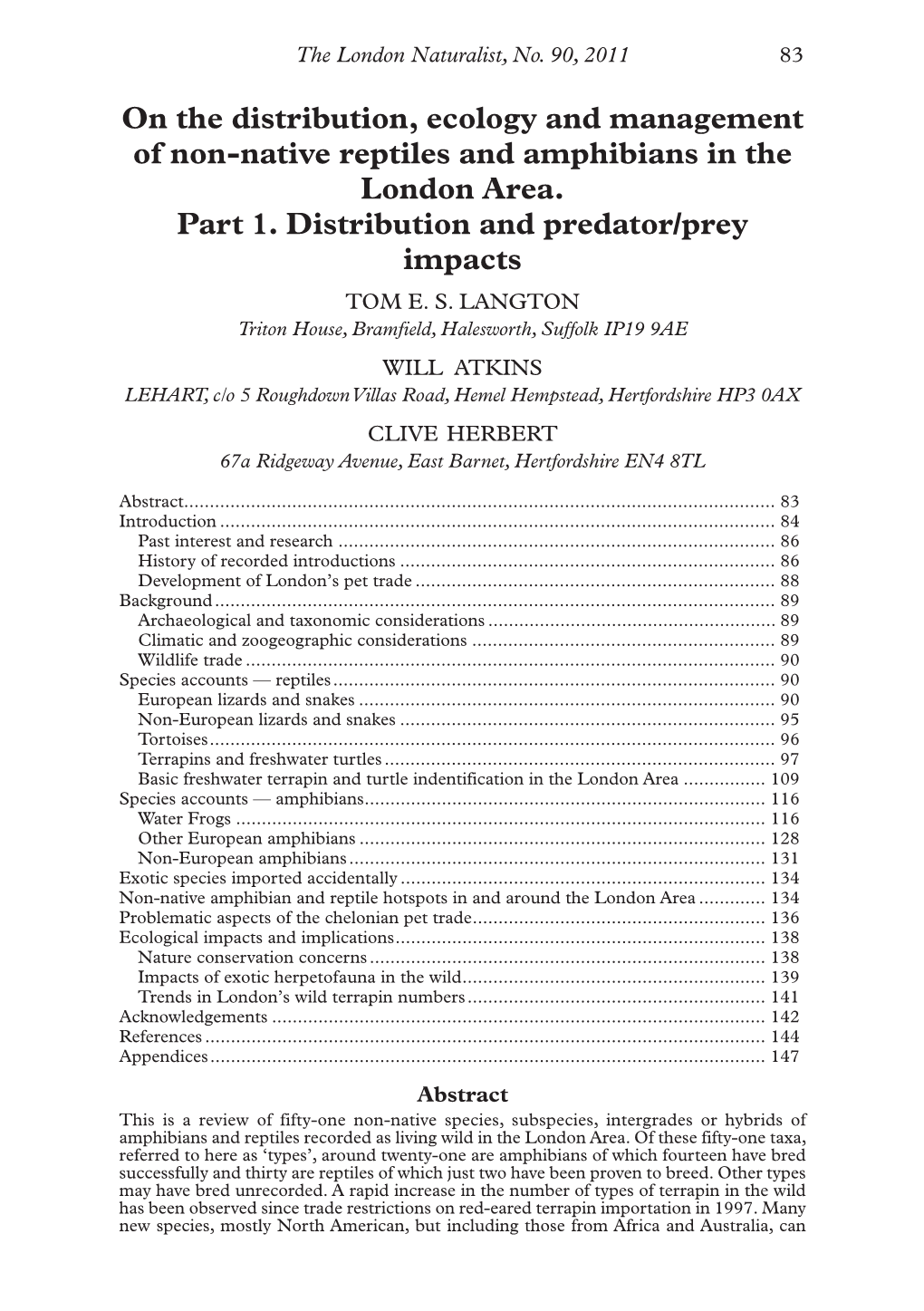 On the Distribution, Ecology and Management of Non-Native Reptiles and Amphibians in the London Area