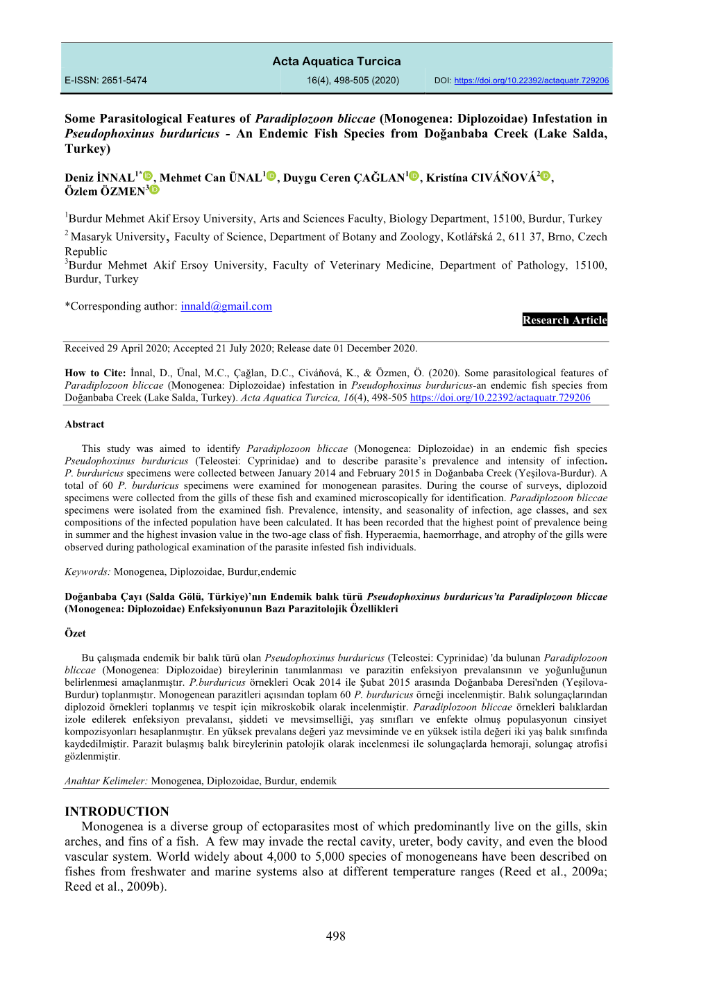 Monogenea: Diplozoidae) Infestation in Pseudophoxinus Burduricus - an Endemic Fish Species from Doğanbaba Creek (Lake Salda, Turkey)