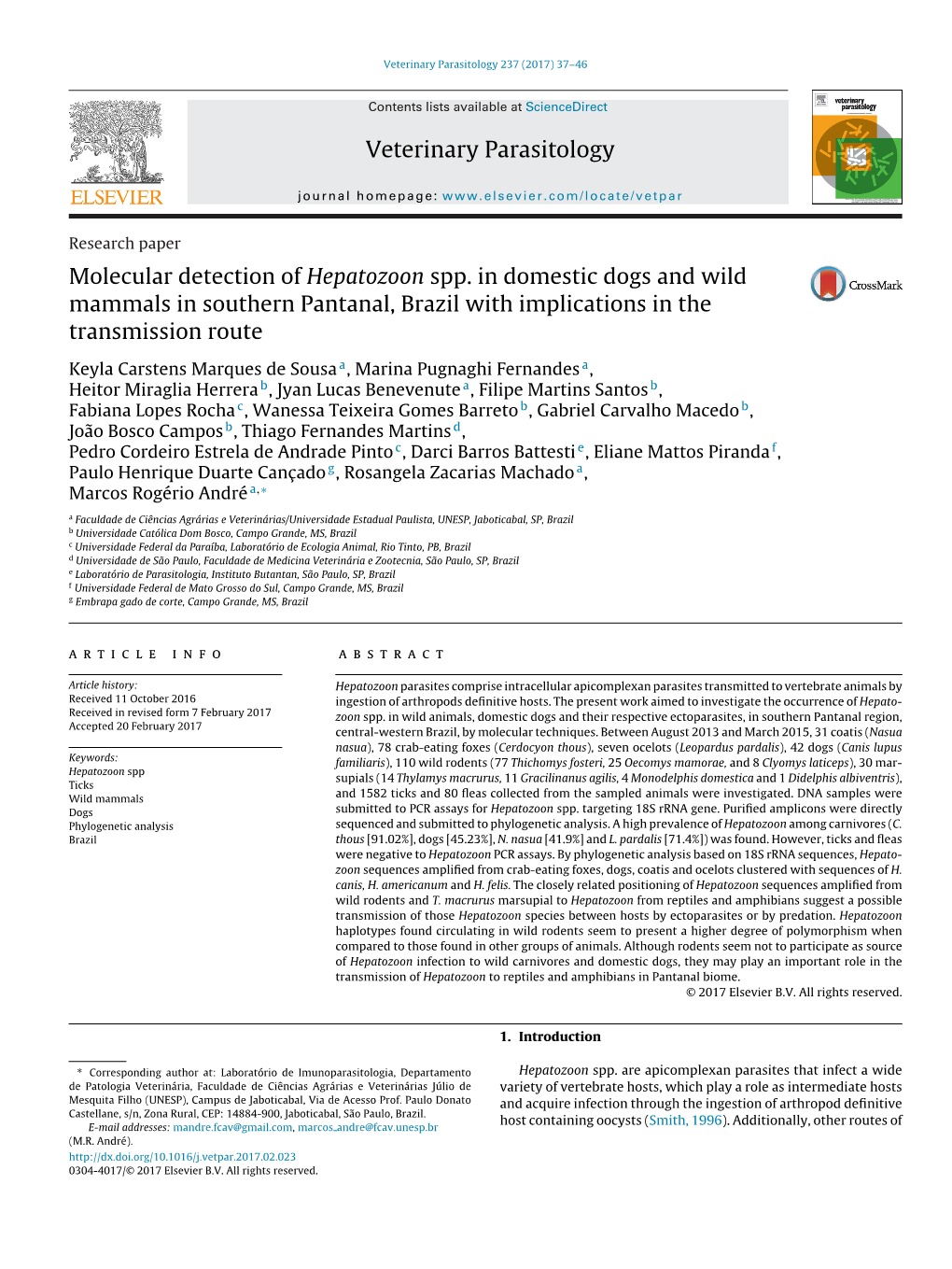 Molecular Detection of Hepatozoon Spp. in Domestic Dogs and Wild Mammals in Southern Pantanal, Brazil with Implications in the T