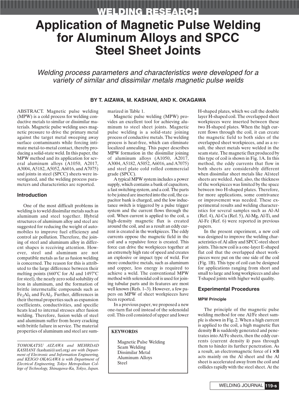 Application of Magnetic Pulse Welding for Aluminum Alloys and SPCC Steel Sheet Joints