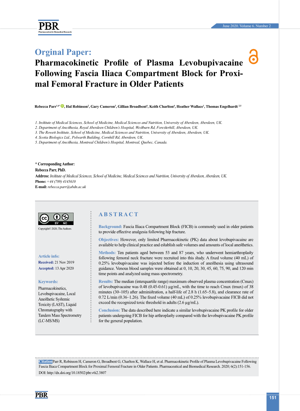 Pharmacokinetic Profile of Plasma Levobupivacaine Following Fascia Iliaca Compartment Block for Proxi- Mal Femoral Fracture in Older Patients