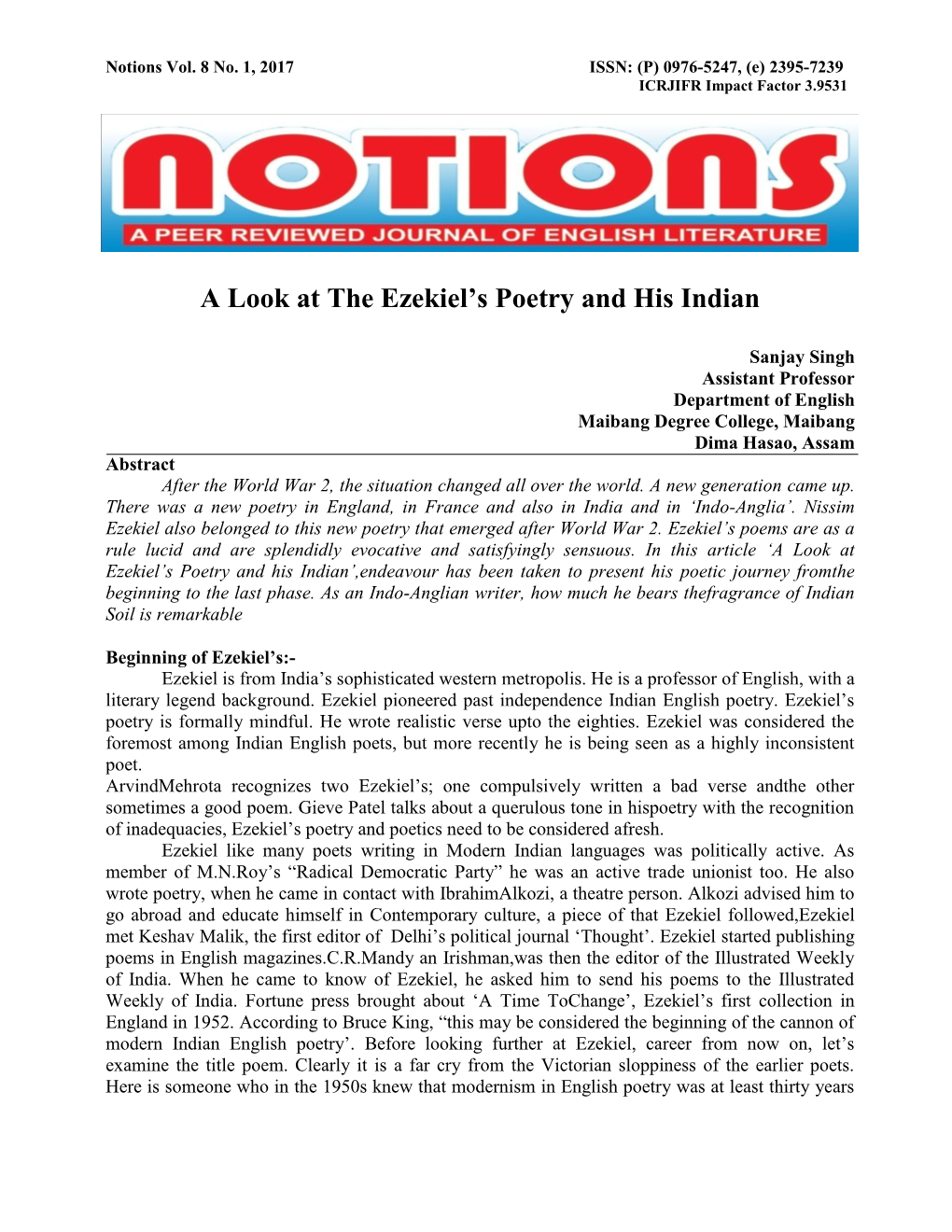 A Look at the Ezekiel's Poetry and His Indian