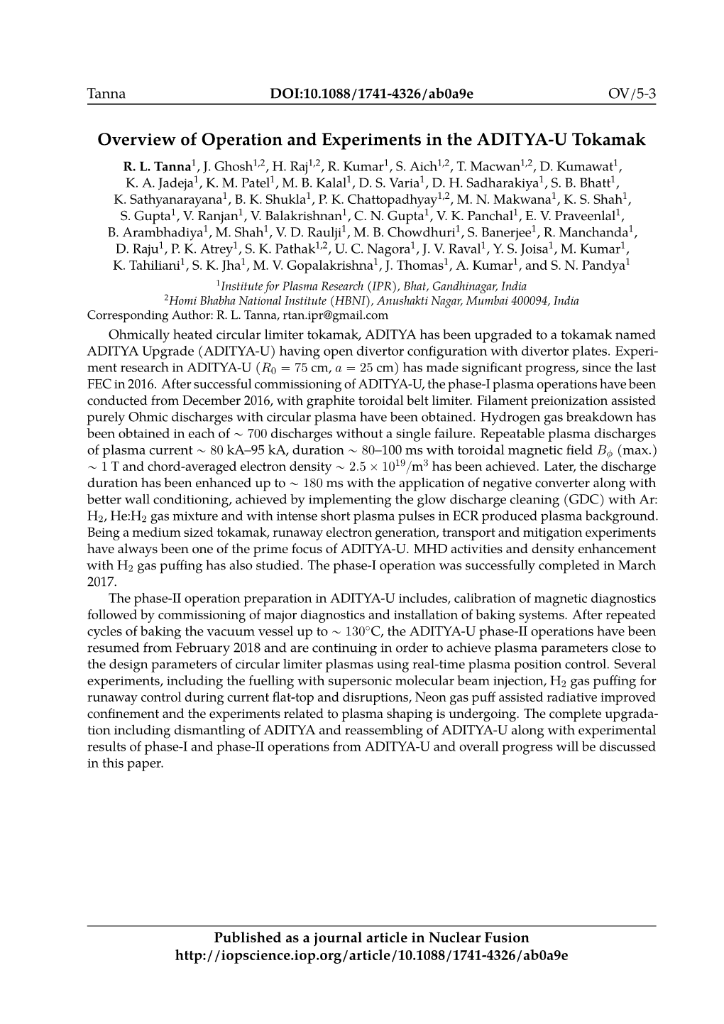 Overview of Operation and Experiments in the ADITYA-U Tokamak R