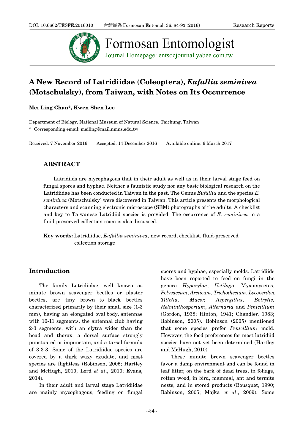 Formosan Entomologist Journal Homepage: Entsocjournal.Yabee.Com.Tw