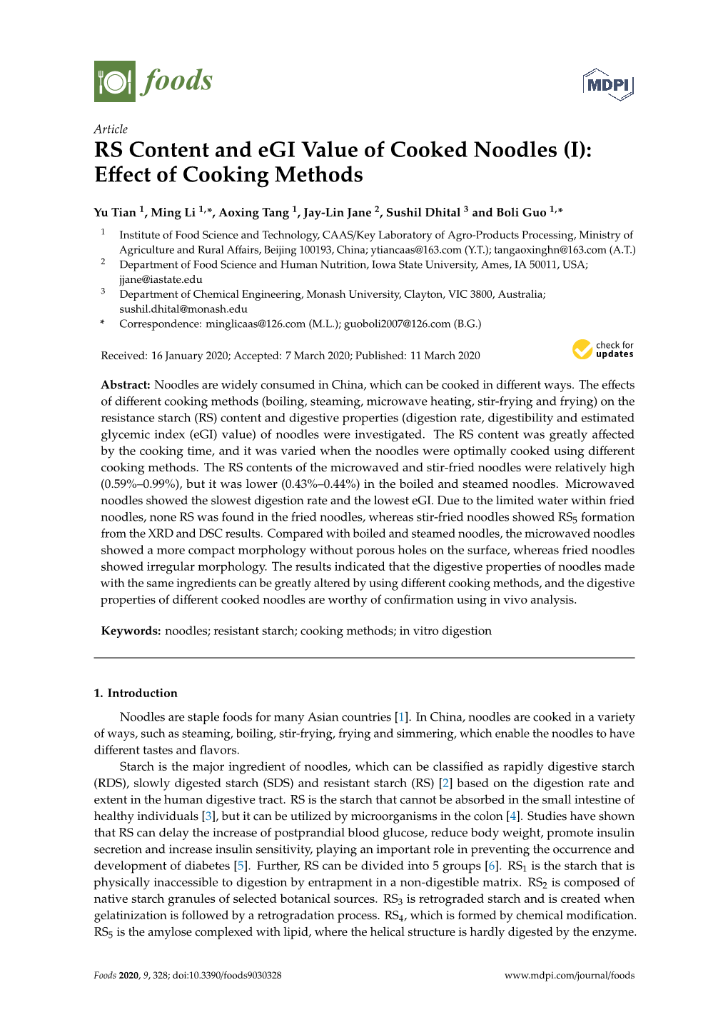 RS Content and Egi Value of Cooked Noodles (I): Effect of Cooking