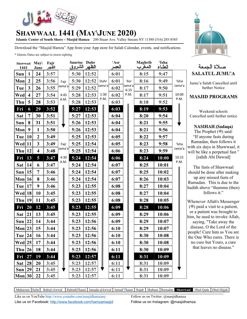 SHAWWAAL 1441 (MAY\JUNE 2020) Islamic Center of South Shore – Masjid Hamza 200 Stuart Ave