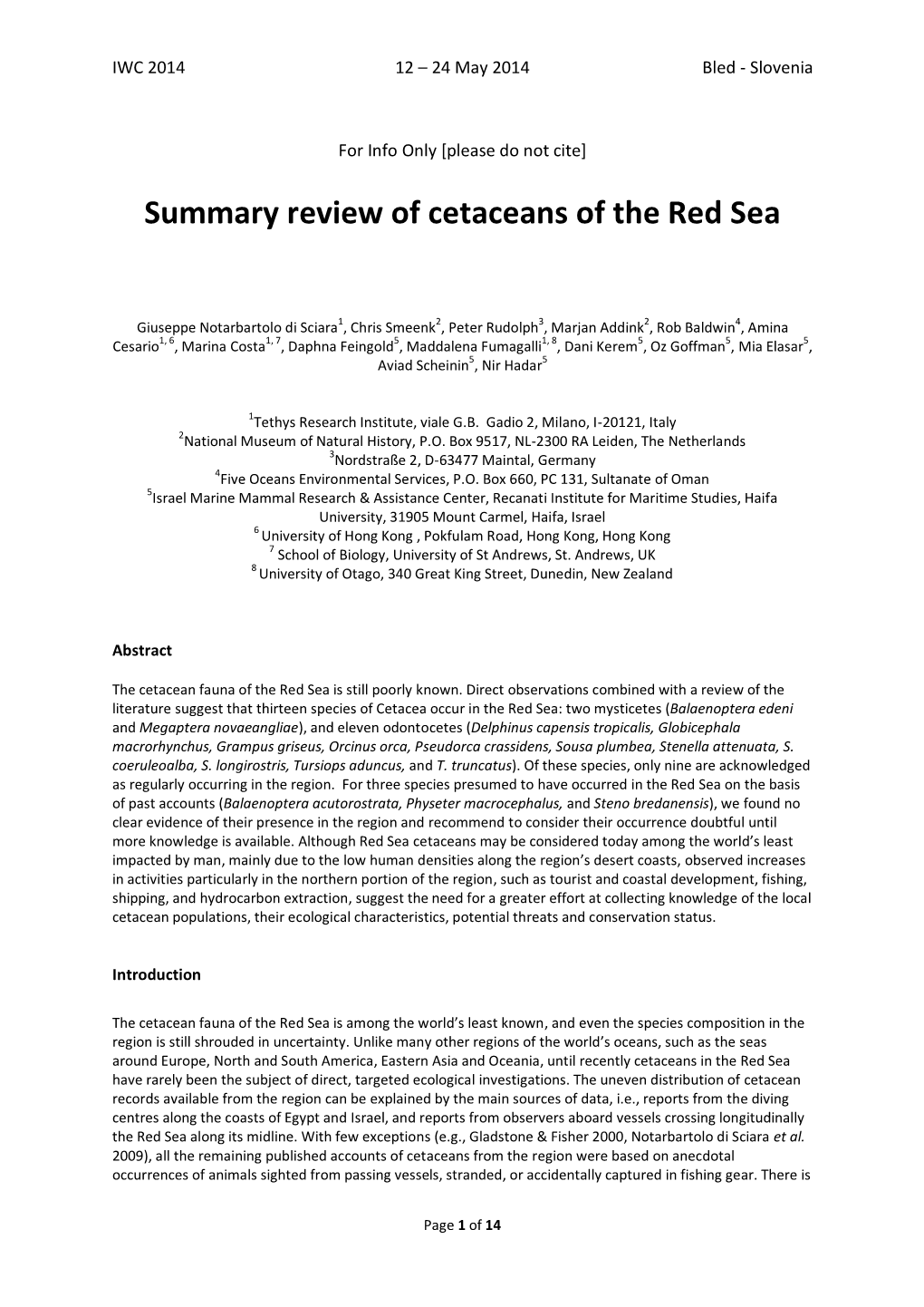 Summary Review of Cetaceans of the Red Sea