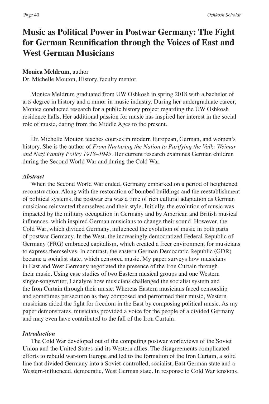 Music As Political Power in Postwar Germany: the Fight for German Reunification Through the Voices of East and West German Musicians