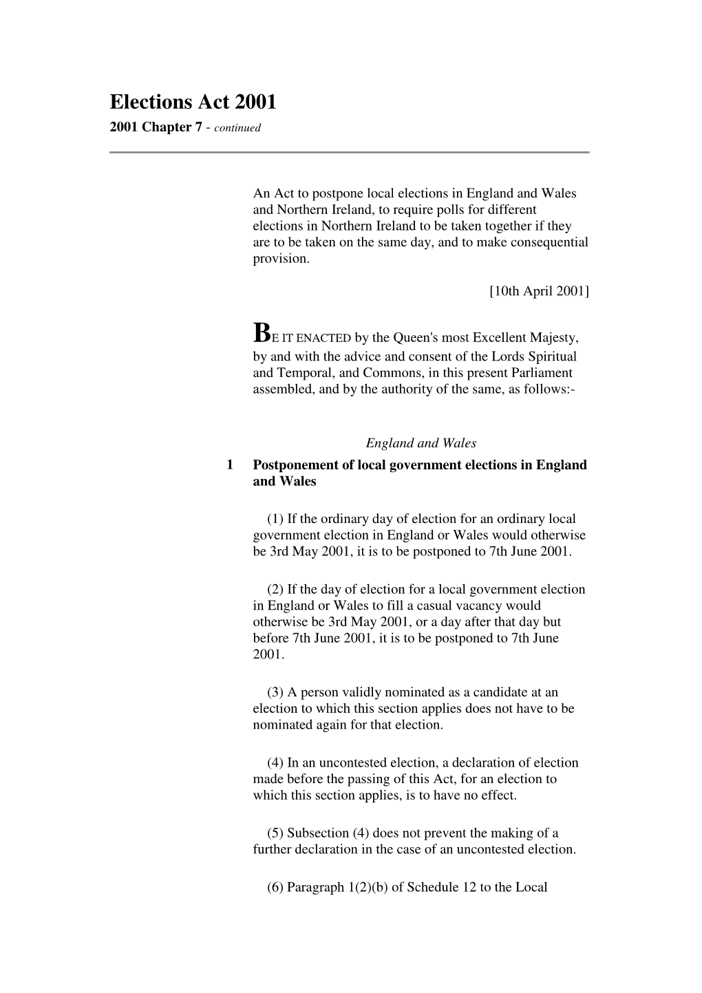 Elections Act 2001 2001 Chapter 7 - Continued
